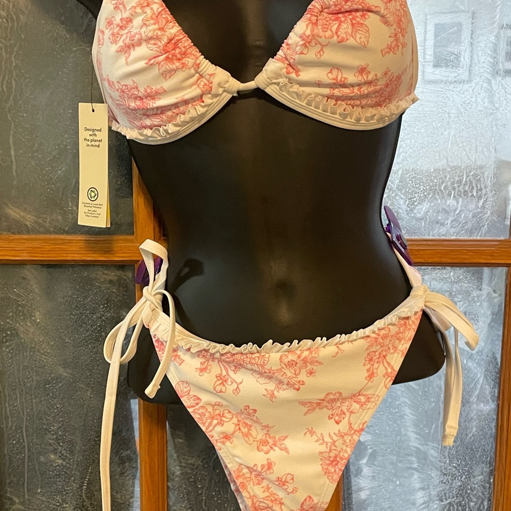 No Boundaries Cream and Pink Floral Tie-Side Bikini